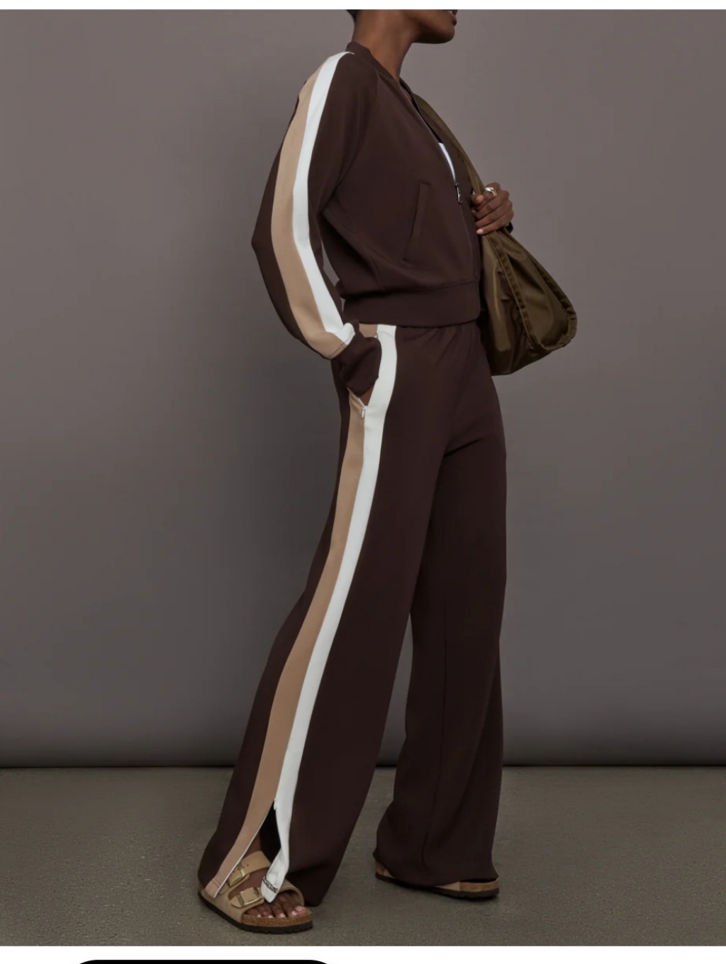 Carbon38 Brown Wide-Leg Track Pants With Side Stripes Size M 29"